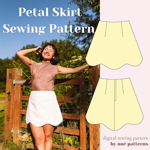 May include: A woman wearing a white petal skirt and a pink top stands near a wooden fence. The image includes a diagram of a petal skirt sewing pattern with the text "Petal Skirt Sewing Pattern" and "digital sewing pattern by noé patterns."