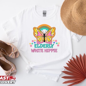Elderly White Hippie T-Shirt: Funny Floral Daisy Peace Sign Tee