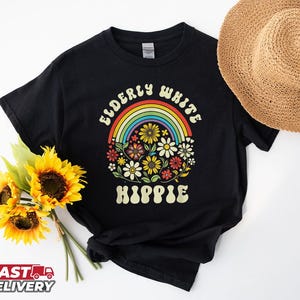 Funny Elderly Hippie T-Shirt: Floral Daisy Peace Sign, Boho Graphic Tee