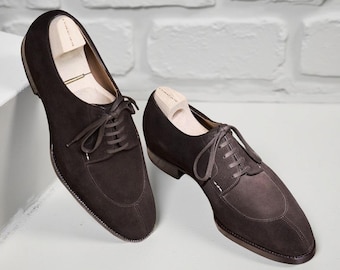 Handmade Brown Suede Split-Toe Derby Shoes for Men Luxury Dress Shoes