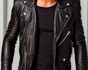 Men’s Black Genuine Leather Biker Jacket Slim Fit Motorcycle Style Jacket