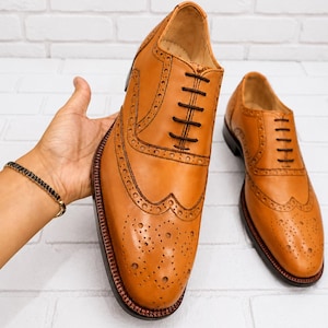 Handmade Brown Leather Oxford Wingtip Brogue Shoes: Formal Dress Shoes