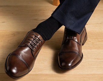 Men's Brown Leather Cap Toe Derby Shoes Handmade Formal Wedding Office Dress Classic Footwear