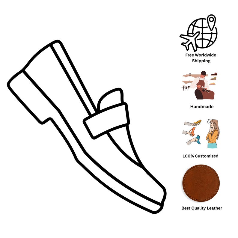 May include: Line drawing of a leather loafer shoe with a strap across the top. The shoe is in a side view, showcasing its design. The image also includes icons for free worldwide shipping, handmade, 100% customized, and best quality leather.