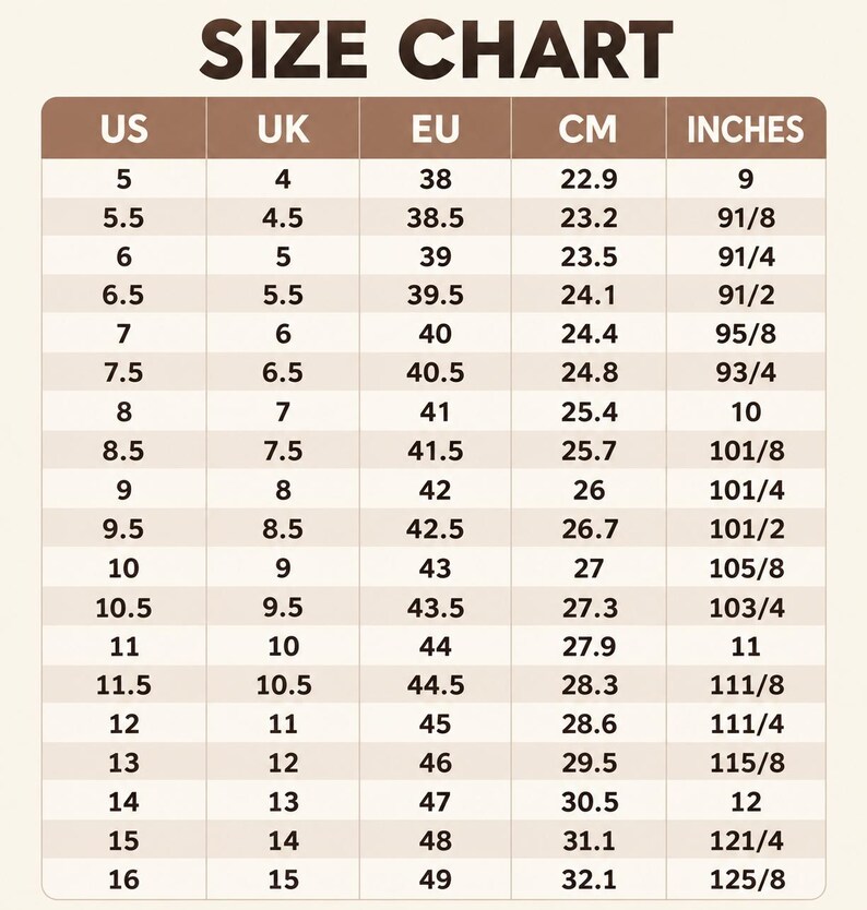 May include: A brown and white shoe size conversion chart with the header SIZE CHART. The table lists US, UK, EU, CM, and INCHES columns, providing numerical size equivalents ranging from US size 5 to 16, with corresponding measurements in centimeters and inches.