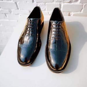 Handmade Crocodile Print Leather Oxford Shoes: Glossy Formal Dress Shoes