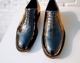 Handmade Crocodile Print Leather Oxford Shoes: Glossy Formal Dress Shoes