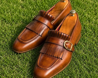 Men's Brown Leather Kiltie Loafers Handmade Fringe Buckle Slip On Dress Shoes Wedding Formal