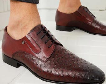 Men's  Handmade Ostrich Embossed Leather Derby Shoes Burgundy Wedding Luxury Shoes