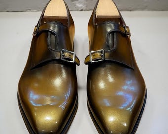 Handmade Men’s Double Monk Strap Shoes Italian Patina Leather | Golden Brown Dress Shoes