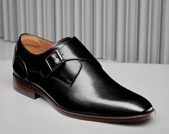 Black Double Monk Strap Leather Shoes Handmade Men’s Formal Dress Footwear