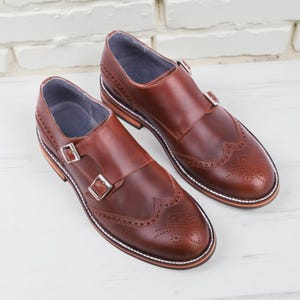 Men’s Brown Double Monk Strap Wingtip Brogues | Handmade Leather Dress Shoes