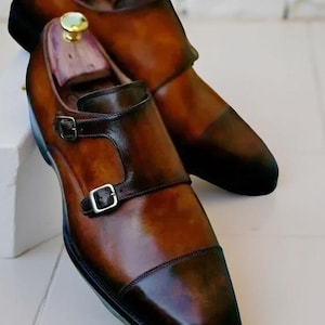 Handmade Brown Leather Double Monk Strap Shoes: Formal Wingtip Dress Shoes