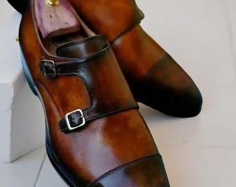 Handgemachte Braune Leder Doppel Monk Strap Schuhe: Formelle Flügelspitze Lederschuhe