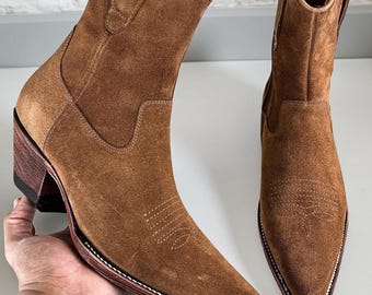 Botas vaqueras de ante hechas a mano para hombre, estilo western, con punta puntiaguda.