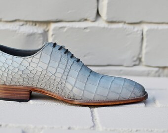 Handmade Grey Crocodile Embossed Leather Oxford Shoes | Men’s Formal Dress Shoes