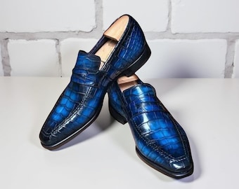 Handmade Blue Crocodile Print Leather Loafers: Exotic Men's Dress Shoes