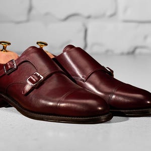 Handmade Brown Leather Double Monk Strap Shoes: Formal Wingtip Brogues