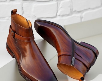 Men’s Brown Patina Zipper Ankle Boots  Handmade Leather Dress Boots