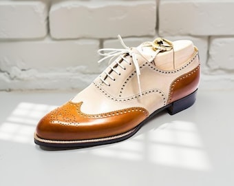 Zapatos Oxford brogue de cuero bicolor con punta de ala para hombre, hechos a mano