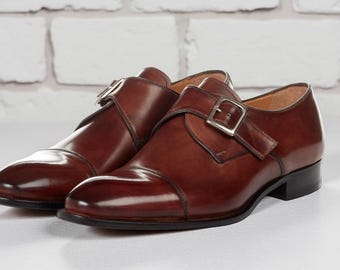 Handmade Single Monk Strap Cap Toe Shoes for Men Rich Brown Dress Shoes