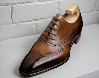 Men's Handmade Leather Oxford Wingtip Brogue Shoes - Navy Brown Patina