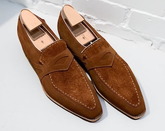 Men's Handmade Suede Penny Loafers: Leather Slip-On Wedding Shoes