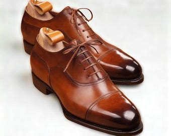Handmade Brown Leather Oxford Cap Toe Shoes Men’s Wedding And Dress Shoes