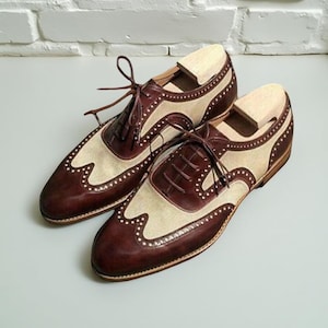 Handmade Two-Tone Leather Wingtip Oxford Brogue Shoes