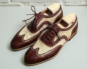 Men's Handmade Two-Tone Leather Wingtip Oxford Brogue Shoes