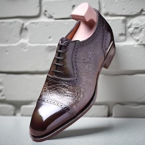 Men’s Handmade Crocodile Textured Oxford Shoes Glossy Cap-Toe  Dress Shoes Formal Wedding And Business Shoes