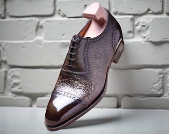 Dark Brown Textured Leather Oxford Cap Toe Dress Shoes Handmade Men Formal