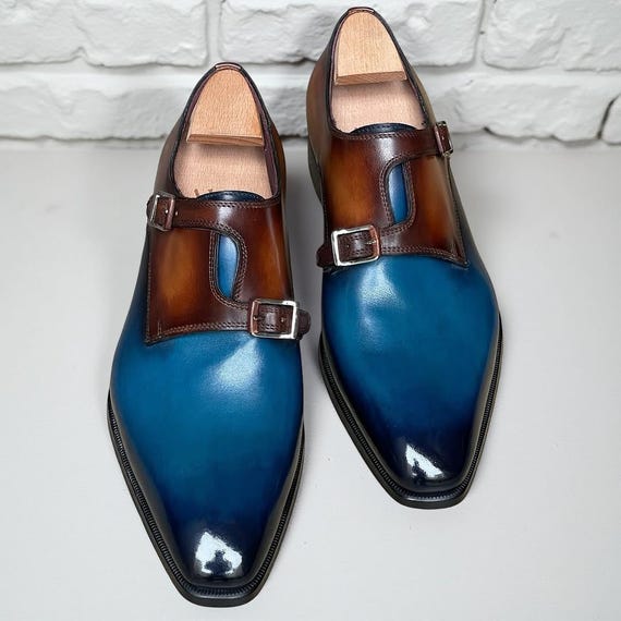 Men’s Blue And Brown Double Monk Strap Shoes Handmade Patina Leather Dress Shoes