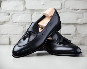 Zwarte handgemaakte leren instappers herenschoenen klassieke formele schoenen