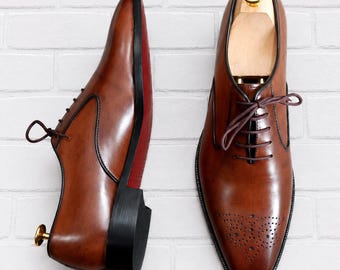 Handmade Brown Leather Oxford Shoes for Men Classic Formal Dress Shoes