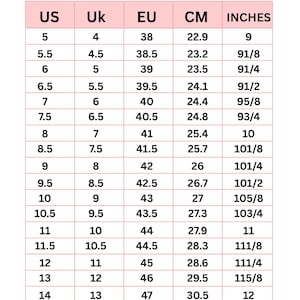 May include: Men's shoe size chart with US, UK, EU, CM, and Inches measurements. Sizes range from US 5 (9 inches, 22.9 cm) to US 16 (12 5/8 inches, 32.1 cm). Includes conversions for easy size comparison.