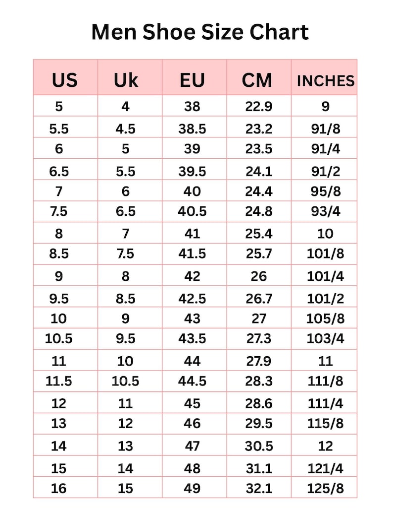 May include: Men's shoe size chart with US, UK, EU, CM, and Inches measurements. Sizes range from US 5 (9 inches, 22.9 cm) to US 16 (12 5/8 inches, 32.1 cm). Includes conversions for easy size comparison.