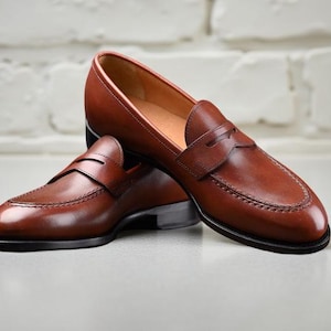 Men’s Brown Penny Loafers Handmade Leather Slip-On Dress Shoes Classic Formal And Casual Footwear by PureStitchLeather