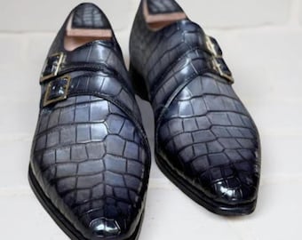 Men’s Grey Crocodile Double Monk Strap Shoes Handmade Exotic Leather Dress Shoes