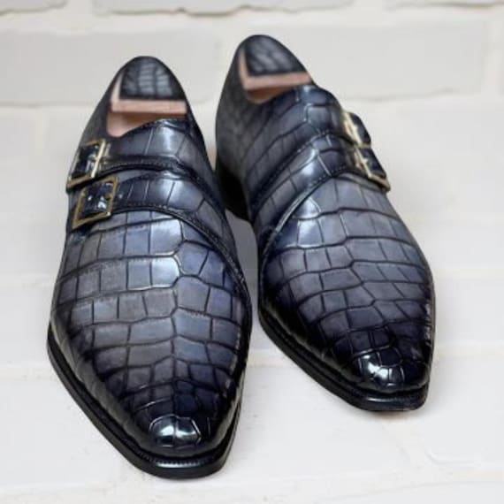 Men’s Grey Crocodile Double Monk Strap Shoes Handmade Exotic Leather Dress Shoes