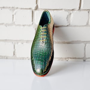 Men’s Green Crocodile Embossed Leather Oxford Shoes Handmade Exotic Lace-Up Dress Shoes Luxury Formal Footwear