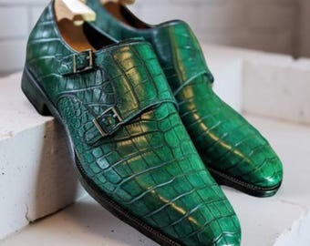 Men’s Green Crocodile Double Monk Strap Shoes Handmade Luxury Leather Shoes