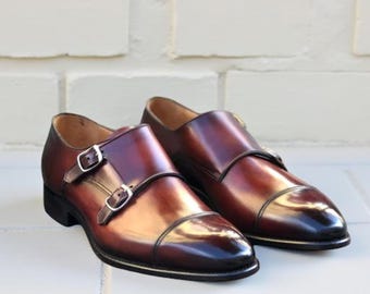 Handmade Double Monk Strap Cap Toe Shoes for Men Rich Brown Dress Shoes