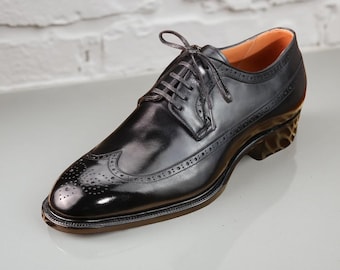 Handmade Black Leather Derby Shoes Classic brogue wingtip Style