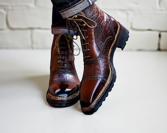 Men’s Brown Leather Lace-Up Boots Handmade Cap Toe Vintage Work & Dress Ankle Boots