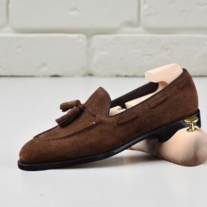 Handmade Dark Brown Suede Tassel Loafers: Leather Slip-On Dress Shoes