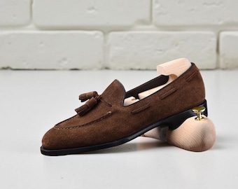 Handmade Dark Brown Suede Tassel Loafers: Leather Slip-On Dress Shoes