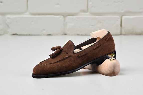 Handmade Dark Brown Suede Tassel Loafers: Leather Slip-On Dress Shoes