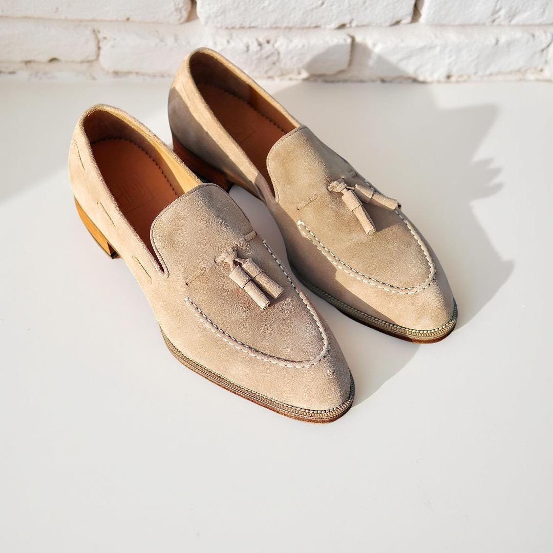 beige mens dress shoes Men's Tan Cap-Toe Suede Brogue Oxfords