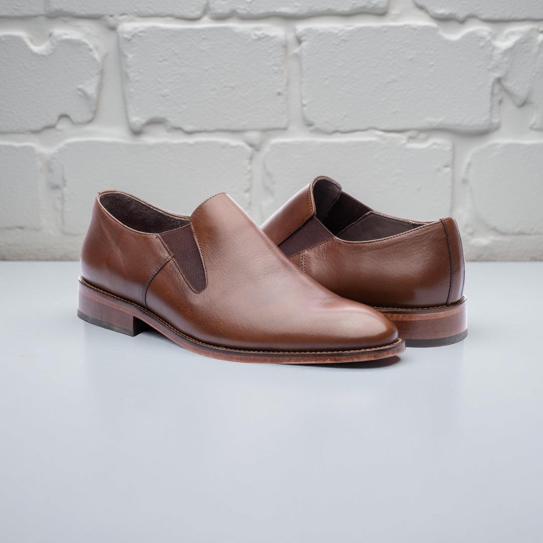 Handmade Brown Leather Slip-On Loafers: Men's Formal Dress Shoes